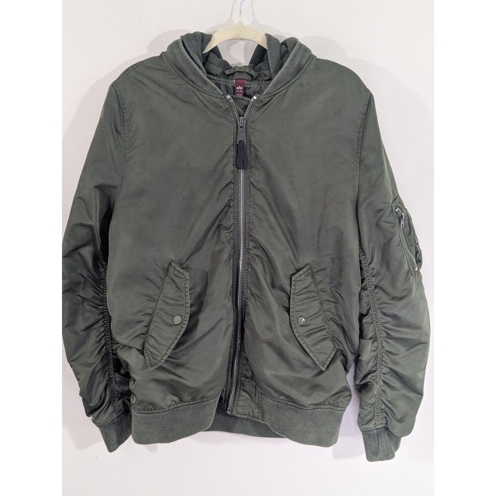 Vintage Alpha Industries Bomber Jacket Hooded Mens Size Large Army Green